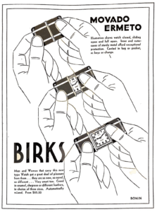 This 1930 ad from “Canadian Homes and Gardens” magazine employs Art Deco typefaces and a series of three simple line drawings to explain the workings of the high-end Swiss-made Movado Ermeto watch.