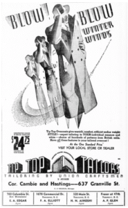 This October 1935 ad from the “Vancouver Sun” newspaper employs dramatic geometric forms to represent the overcoats and a bold swoosh to illustrate the wind. Notice the three-dimensional treatment of the Tip Top Tailors manufacturer’s name framing an illustration of the company’s Toronto headquarters.