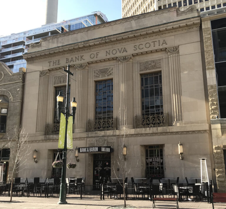 The bank's façade is a fine example of Stripped Classical styling.